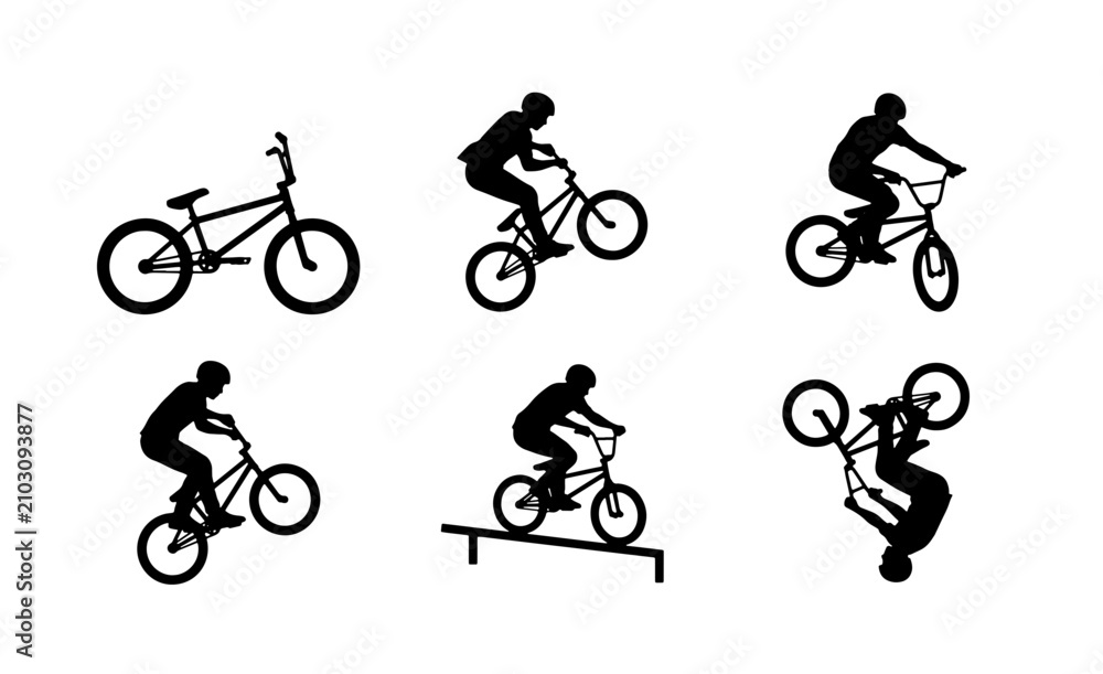 Obraz premium BMX Bike Rider Silhouettes, Extreme Sports Action, Freestyle Cycling Vector Set