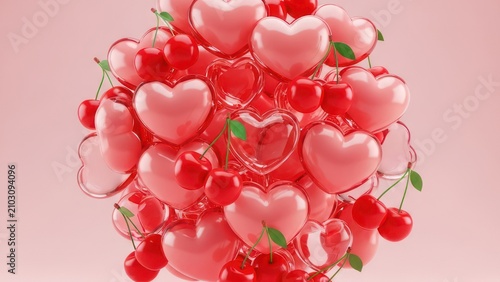 3D Glossy Hearts and Cherries Composition