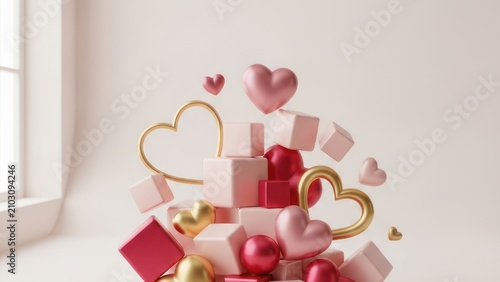 3D Abstract Valentine's Day Hearts and Cubes