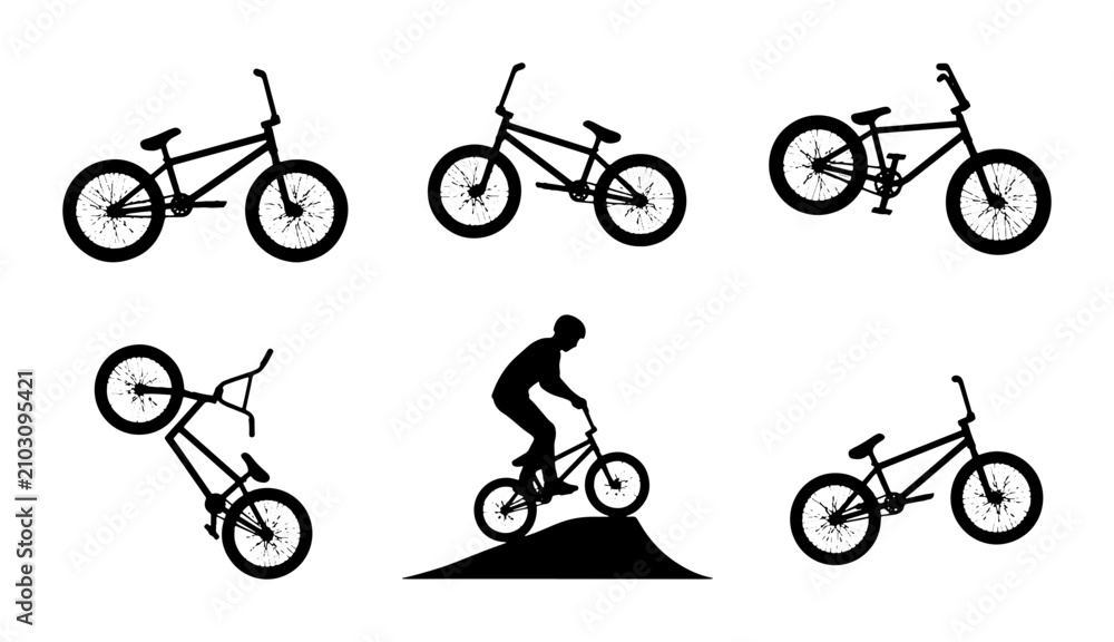 Obraz premium BMX Bicycle Silhouettes, Action Poses, Extreme Sports Vector Set