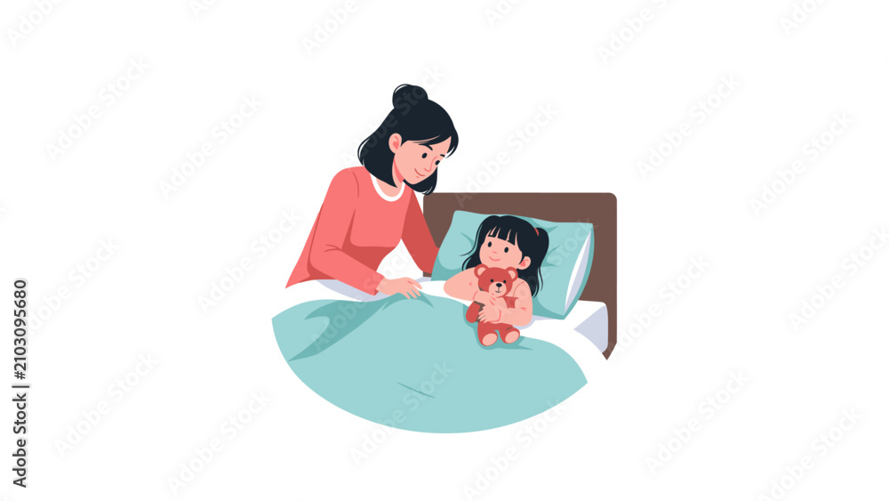 Fototapeta premium Mother Tucking Daughter into Bed with Teddy Bear