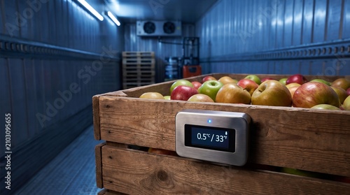 Fresh Mixed Apples in Wooden Crate with Smart Temperature Monitoring Inside Refrigerated Cold Storage Warehouse
