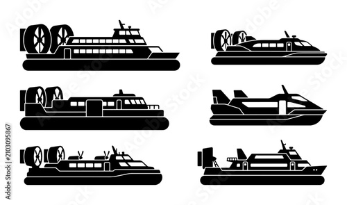 Quadro su tela Hovercraft Collection, Six Vector Silhouettes of Amphibious Vehicles, Marine Tra