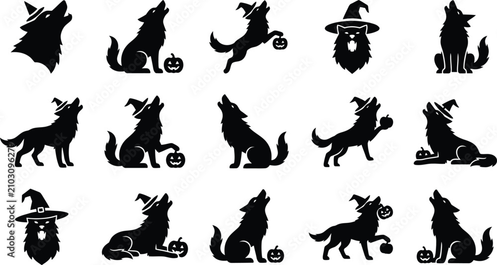 Obraz premium Halloween icon collection black silhouette wolves with witch hats jack o' lanterns