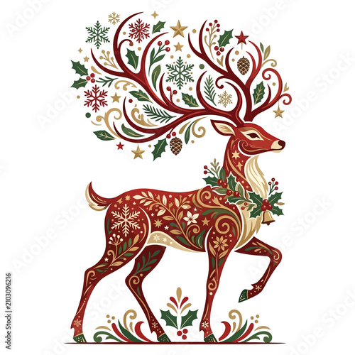 Ornate red reindeer with festive christmas decorations on antlers and body holiday winter