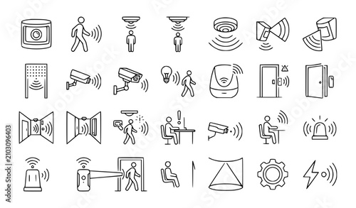 фотографія Motion Sensor Detection Outline Icon Set Walking Figure Security Vector Collecti