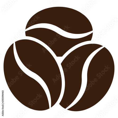 Three dark brown coffee beans, stylized isolated on white background