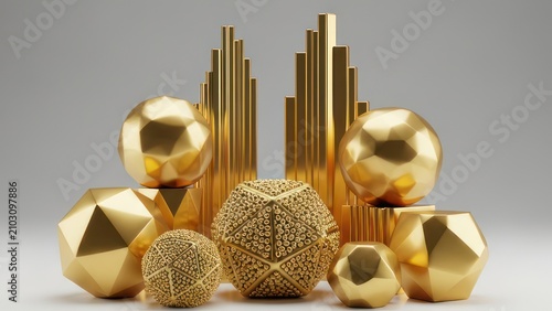 Abstract Golden Geometric Shapes and Towers 3D Render
