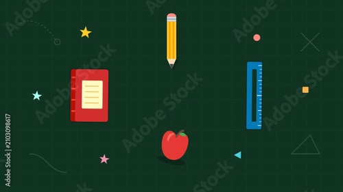 Educational School Supplies On Dark Chalkboard In Motion.