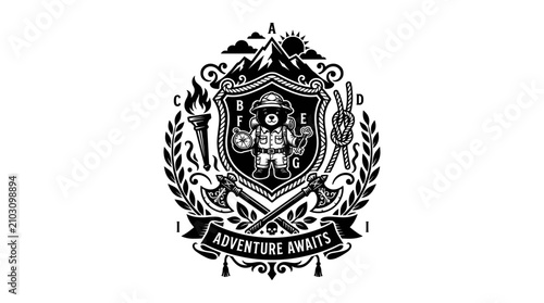 Cuadro en lienzo Adventure Awaits Badge Featuring Explorer with Backpack and Map Featuring Travel