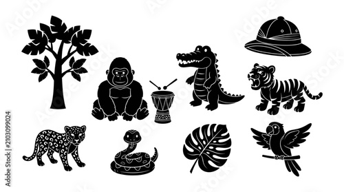 Photography Animals and Jungle Elements Illustration with a Tree, Gorilla, Crocodile, Tiger,