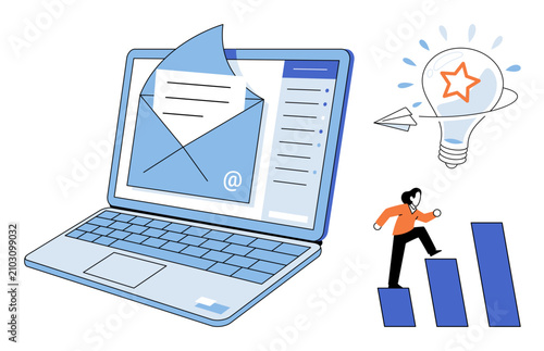 Laptop with email, lightbulb, and person climbing growth chart vector illustration. Digital marketing, career development, business strategy, communication, innovation, success. Computer screen