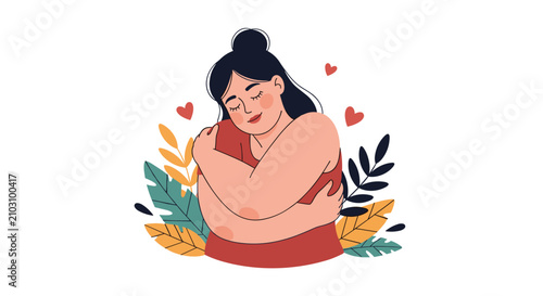Curvy young woman with a bun hairstyle hugging herself tenderly with red hearts and colorful leaves in the background for self-love.