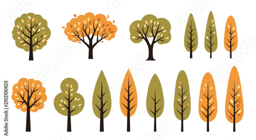 Set of diverse autumn trees in various shapes and colors including orange, yellow, and green foliage for forest and nature designs.