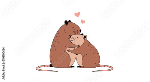 Two brown rats tenderly hugging each other with small red hearts floating above their heads to represent love and friendship between pets.