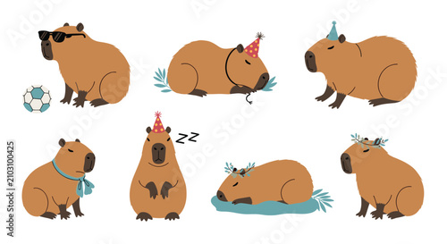 Various cute capybara characters wearing party hats, sunglasses, and scarves depicted in funny sleeping and sitting poses.