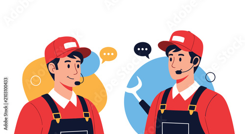 Professional male customer support or repair technicians wearing red uniforms and headsets engaged in helpful communication.