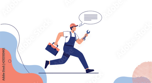 Maintenance worker in a blue jumpsuit and orange cap running quickly while carrying a toolbox and holding a large wrench.