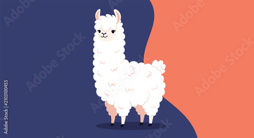 Adorable fluffy white alpaca character standing centered against a stylized background of dark blue and orange shapes.