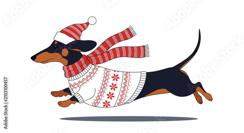 Cute black and tan dachshund wearing a festive winter sweater and Santa hat running quickly across a white space.