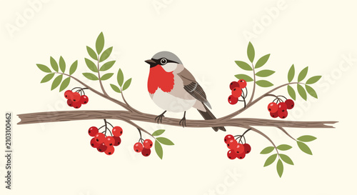 Colorful bird with a red breast perched gracefully on a thin tree branch decorated with red berries and green foliage.