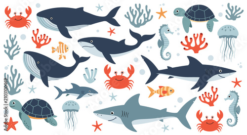 Comprehensive collection of various cartoon sea animals like whales, sharks, and crabs swimming among coral and stars.