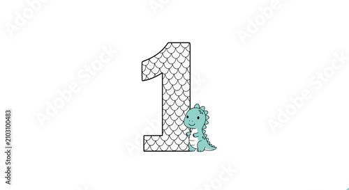 Educational graphic for children featuring a large number one with scales and a cute little blue dinosaur companion.