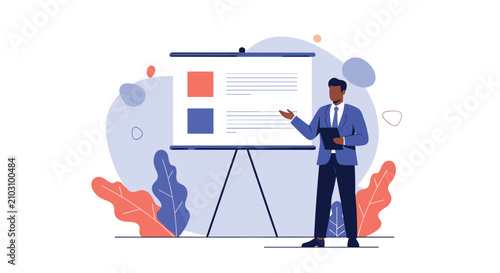 Professional black male speaker in a blue suit delivering a business presentation using a whiteboard on a tripod.
