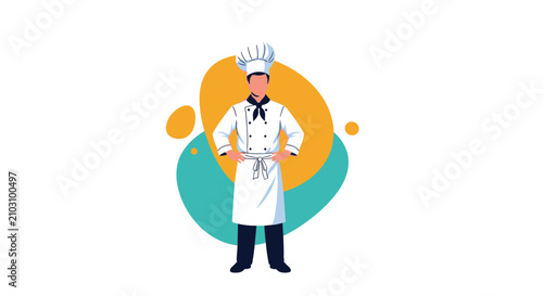 Professional male chef wearing a traditional white double-breasted coat and toque standing in a confident pose.