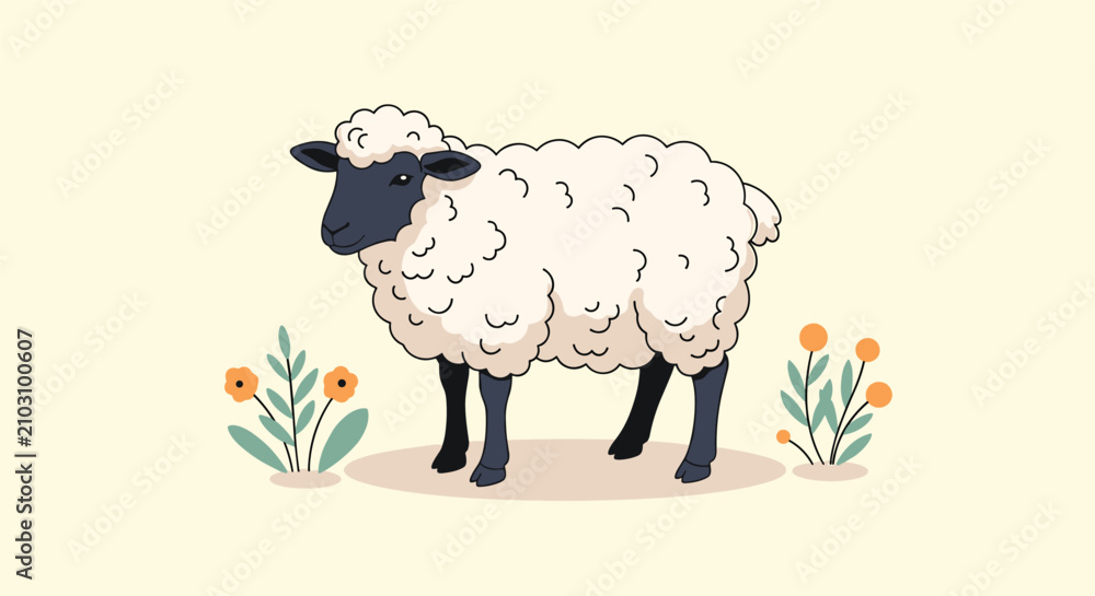 Obraz premium Realistic depiction of a black-faced sheep with thick white wool standing in a field between orange flower clusters.