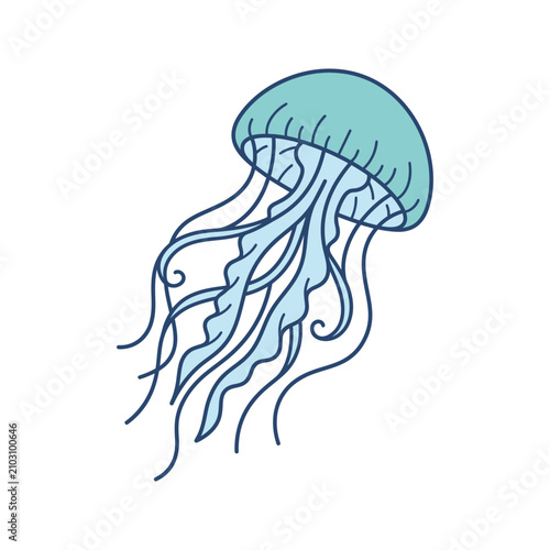 Blue jellyfish swimming with long flowing tentacles marine illustration.