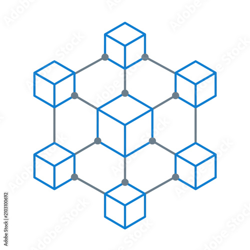Blue isometric blockchain cubes connected by nodes.