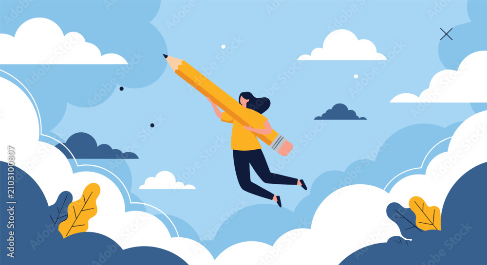 Fototapeta premium Creative young girl flying through the blue sky among white clouds while holding a giant yellow pencil with both hands.