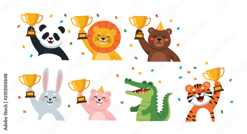Obraz premium Set of cute animals including panda lion and bear holding gold trophies with colorful celebratory party confetti.