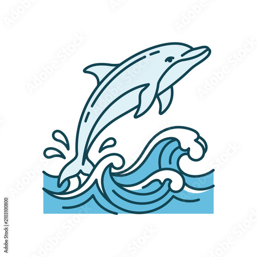 Blue line art of a dolphin jumping over ocean waves.