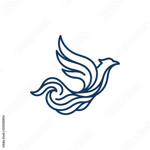 Blue line art of stylized phoenix bird with aquatic wave tail.