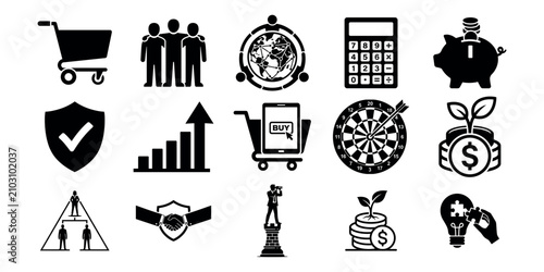 Business and finance black glyph icons set. Vector elements for web design, marketing, strategy, and investment concepts.