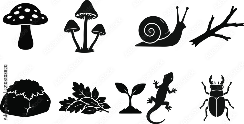 Fototapeta premium Forest Nature Silhouette Collection with Mushrooms Snail Lizard Beetle Moss and Woodland Elements