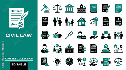 Civil law and legal services icon set for justice and contracts