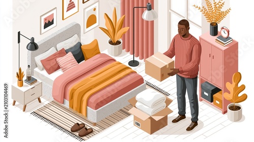 A young man unpacking boxes in a cozy, modern bedroom interior, showcasing a comfortable and inviting home relocation scene