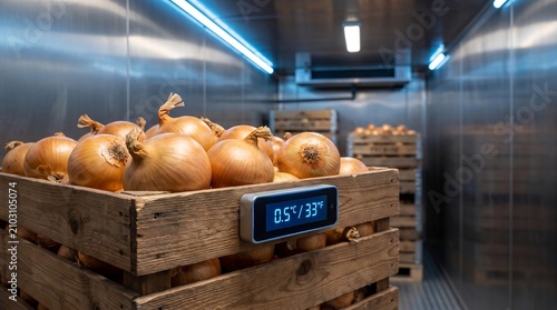 Fresh Brown Onions in Wooden Crate with Smart Temperature Monitoring Inside Refrigerated Cold Storage Warehouse