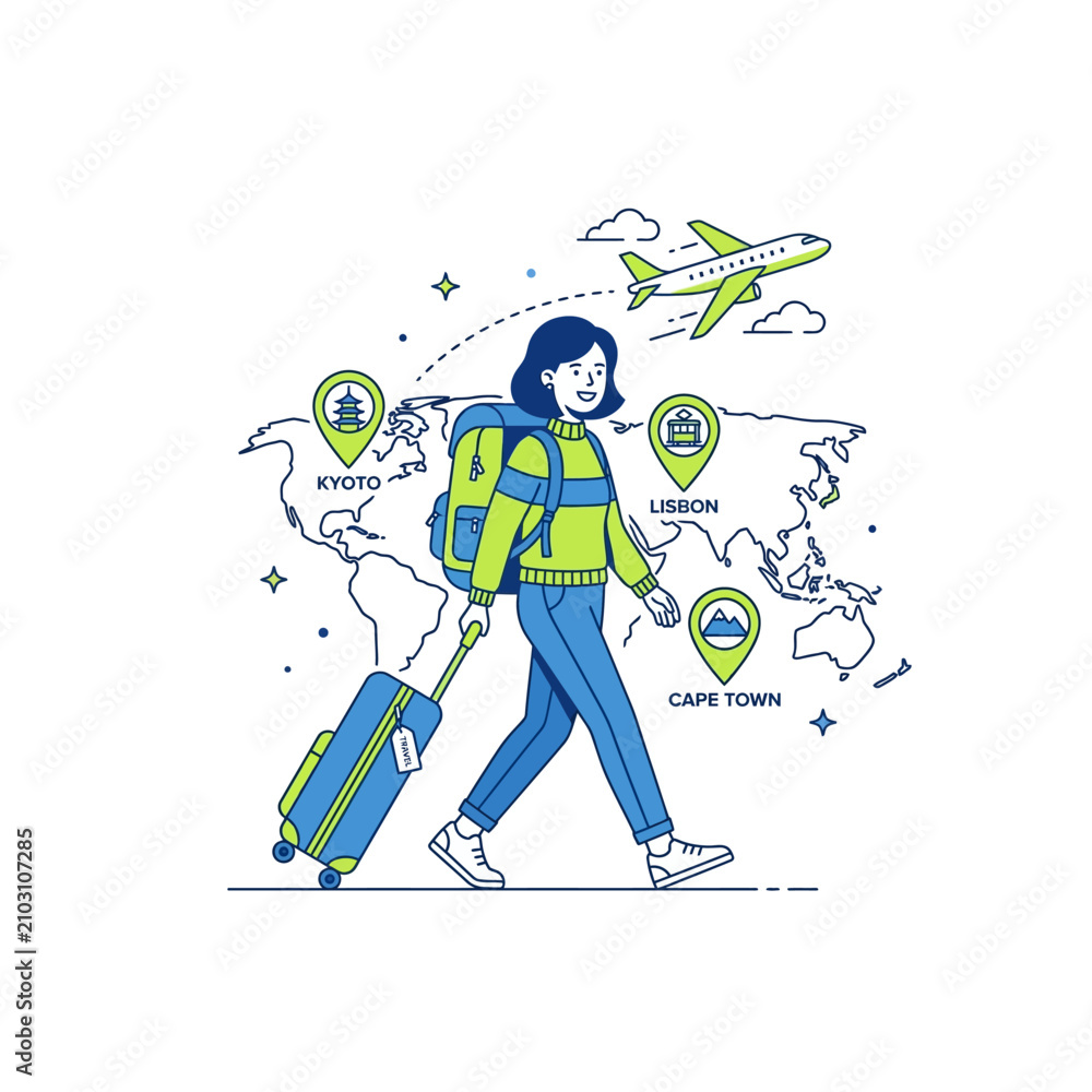 Fototapeta premium A woman traveling the world with a suitcase and backpack, with an airplane flying over a map showing various international destinations like Kyoto, Lisbon, and Cape Town.