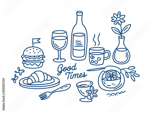 Slika na platnu Brunch Food and Drinks Set Naive Doodle Vector Illustration