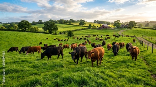 Lush Green Farmland With Herd of Cattle Grazing Under a Blue Sky