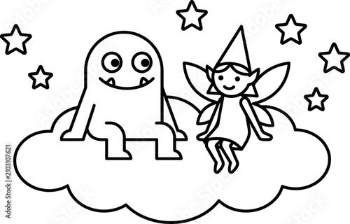 Friendly monster and fairy sitting on a cloud, black and white outline drawing, magical sky scene.