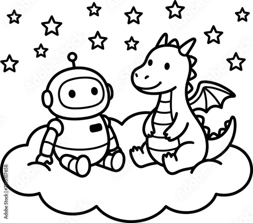 Robot and dragon sitting on cloud, stars and moon, science fiction fantasy, cute cartoon characters, friendship, night sky illustration.