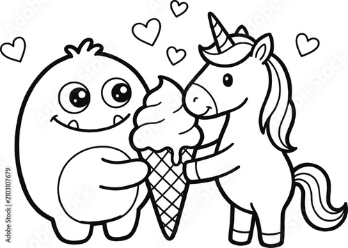 Cute monster and unicorn sharing ice cream, cartoon vector illustration, hearts and sweet treat, happy friendship, fantasy characters.