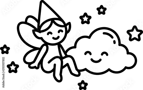 Cute fairy character sitting on happy cloud with stars around isolated on transparent background vector line art drawing design.