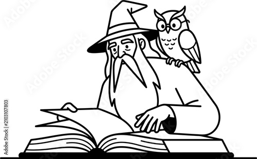 Wizard character reading magic book with owl perched on shoulder illustration isolated on transparent background vector design.