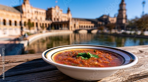 Vibrant tomato soup sits on a weathered wooden surface before the majestic architecture of the sunny Plaza de Espana